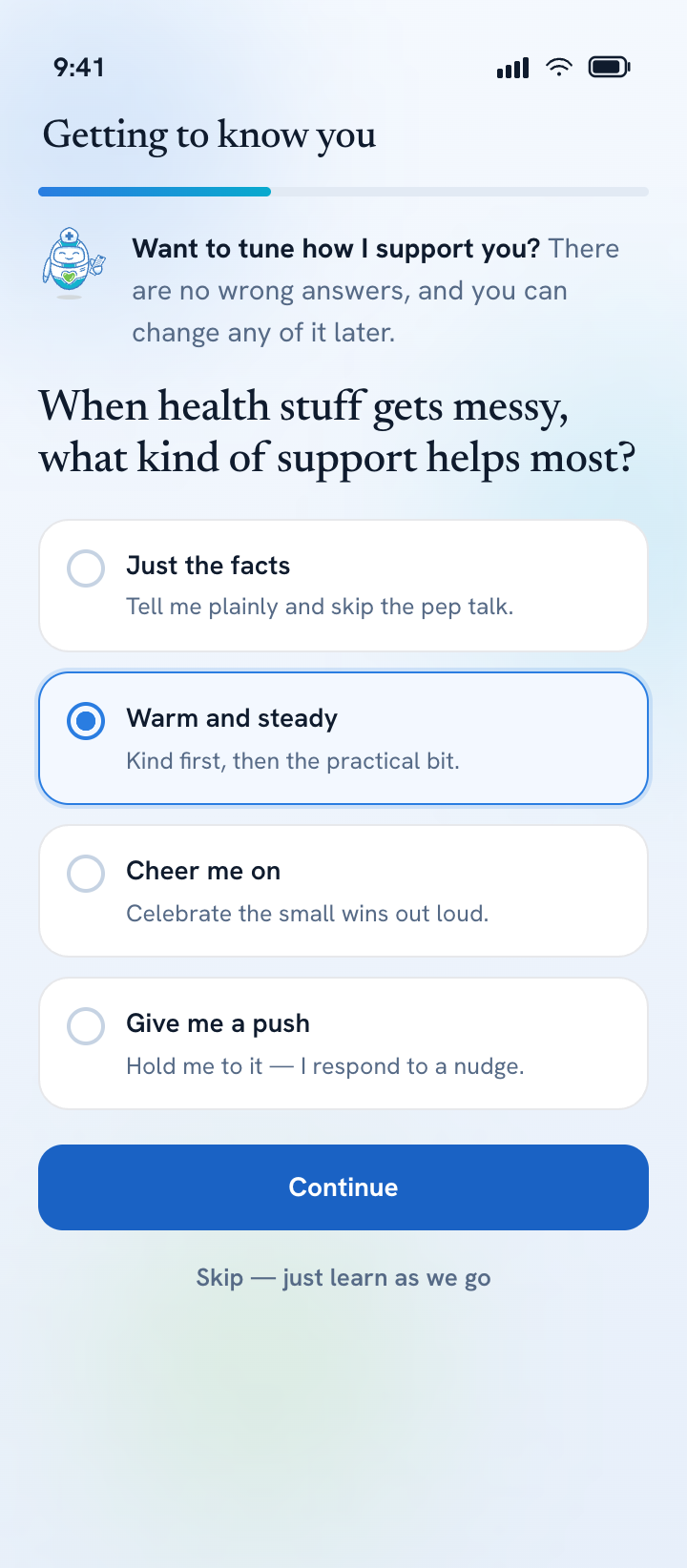 Milli app — getting to know you screen