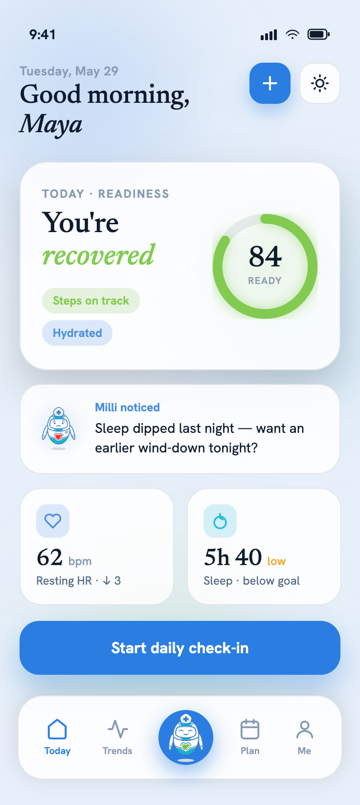 Milli app — today screen