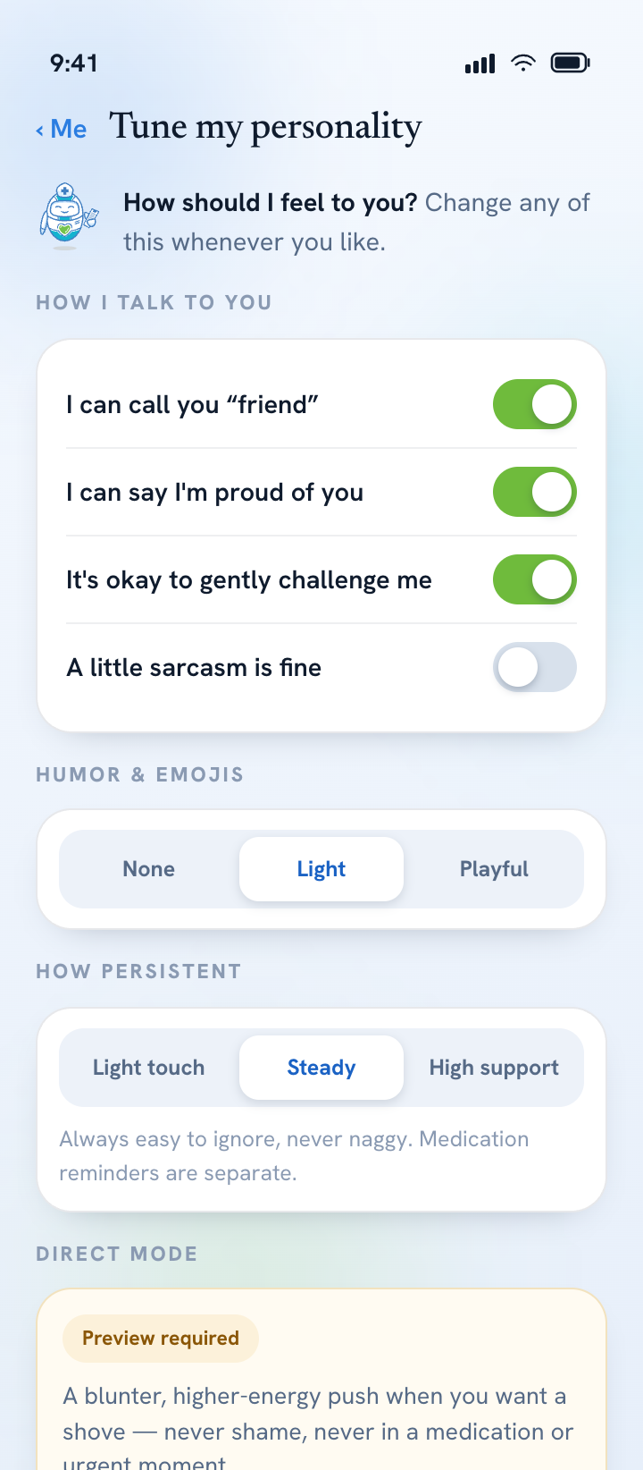 Milli app — tune my personality screen